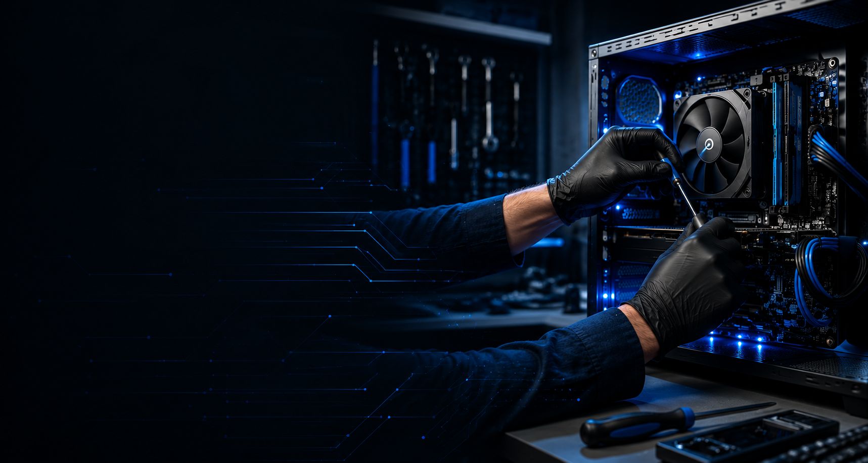 Técnico realizando mantenimiento al interior de una computadora